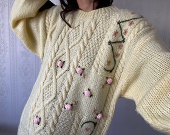 Pullover/maglione ricamato floreale color crema limone lavorato a mano vintage/M - L