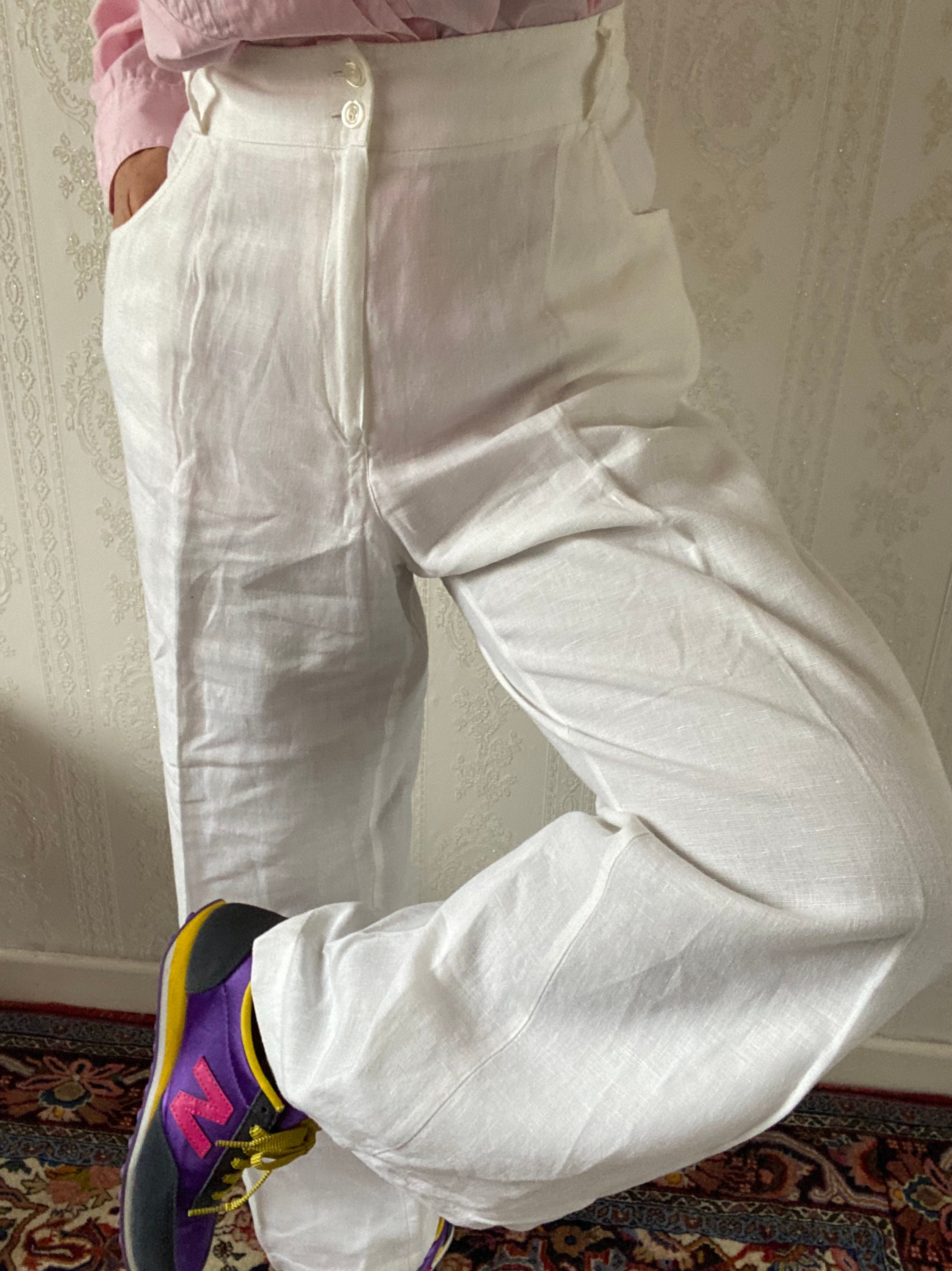 Pantaloni lino bianchi Dames Kleding Broeken en leggings Broeken met rechte pijpen Vintage Broeken met rechte pijpen 