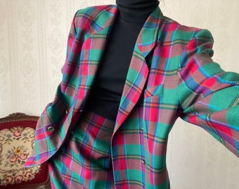 Vintage Wool Tartan Double Breasted Pencil Skirt Suit/ L