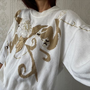 Sweter/pulower/bluza z mieszanki bawełny z koralikami w stylu vintage w kwiaty/M - L