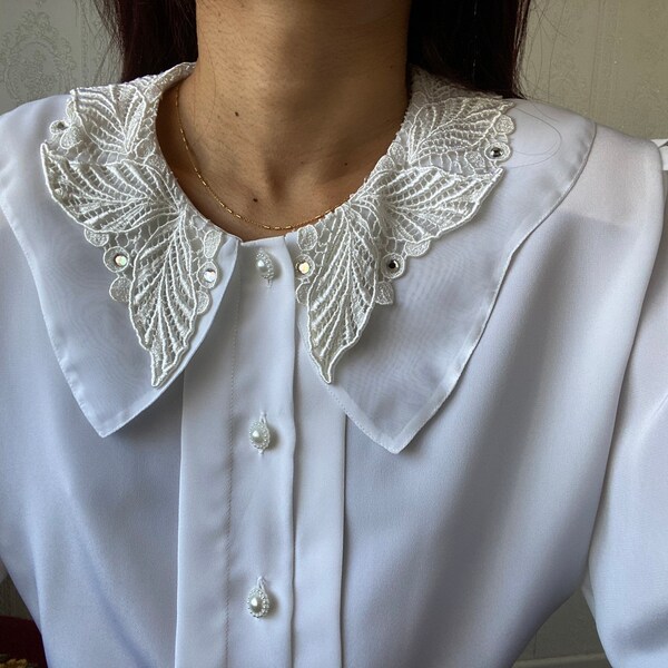 Vintage White embellished Long Sleeve Blouse/ L - XL