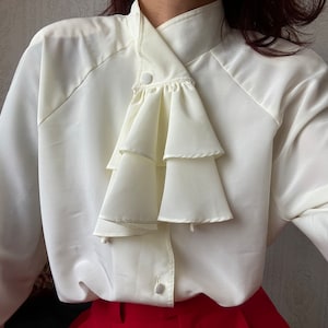Vintage Cream High Neck Ruffle Long Sleeve Blouse / M - L