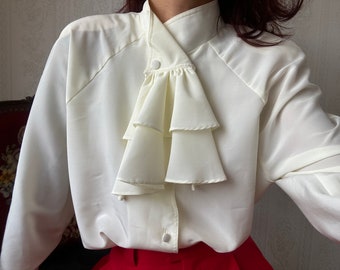 Vintage Cream High Neck Long Sleeve Blouse /  L