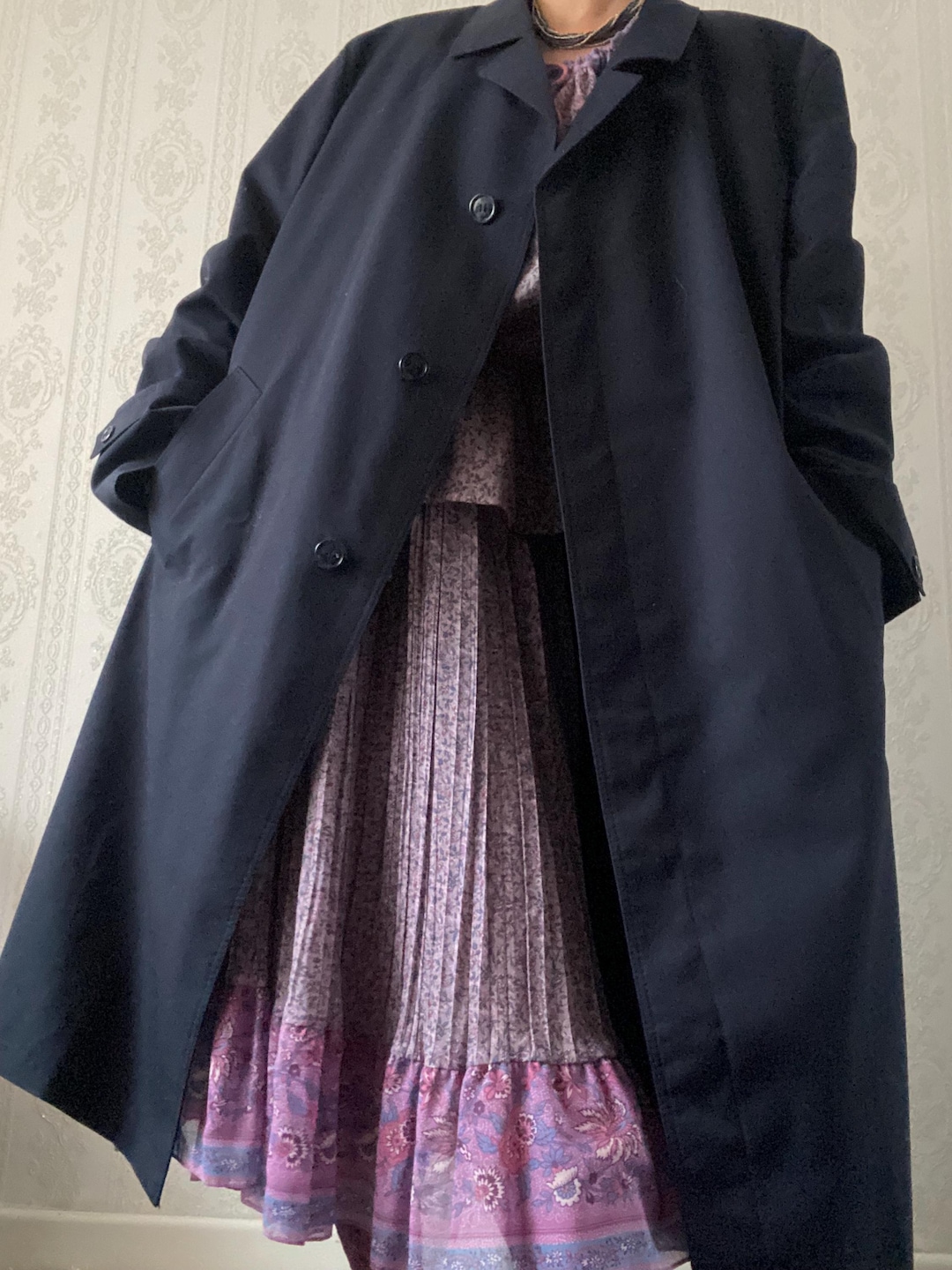 ヴィンテージ ユニセックス ネイビーブルー トレンチコート / XL - 3XL