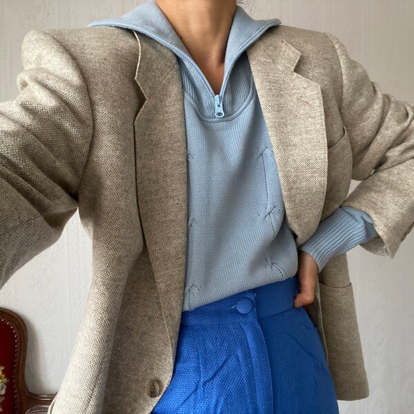 Vintage Unisex Ecru Woven Wool Blazer/ Jacket/ S - L