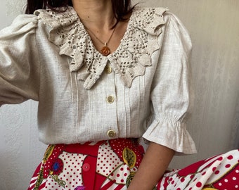 Vintage Cotton Linen blend folklore Blouse/ M