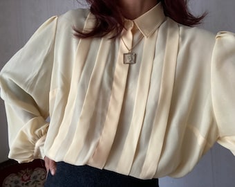 Vintage yellow pleated Chiffon puffed Sleeve Blouse/ L