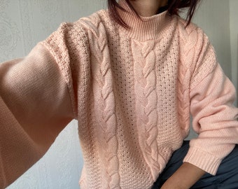 Vintage Coral peach Wool blend Knit Jumper/ Sweater/ Pullover/ XL