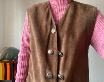 Vintage Braun Wildleder Folklore Weste / Weste / S