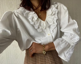 Vintage White Cotton blend Half Sleeve Blouse/ XL - XXL