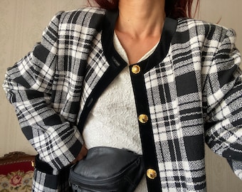 Vintage Black White Tweed Jacket/ L
