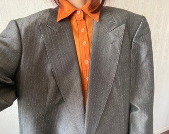 Vintage Unisex champagne Grey pin striped Blazer/ Jacket/ L - XXL