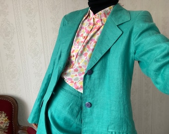 Vintage Green Linen Pencil Skirt Suit/ tall M