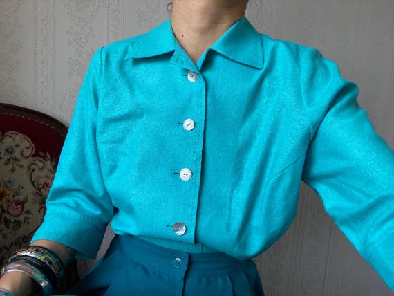 Vintage Turquoise Half Sleeve Blouse/ M - Petite L - Etsy