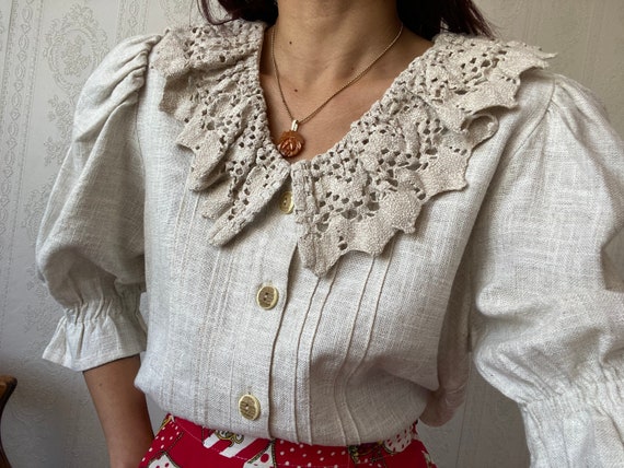 Vintage Cotton Linen blend folklore Blouse/ M - image 7