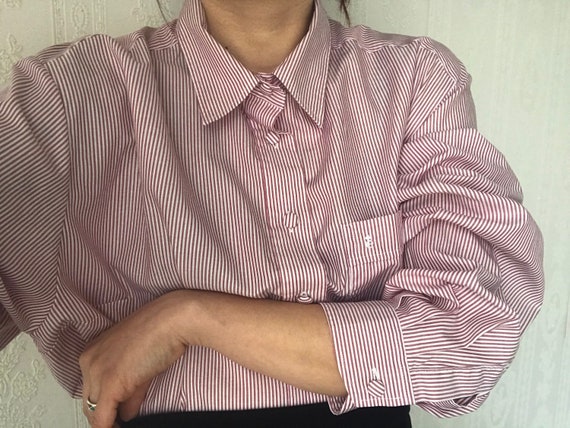 Vintage Raspberry woven Cotton Striped Shirt/ Blou