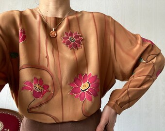 Vintage Batik Silk Long Sleeve Blouse/ M - L