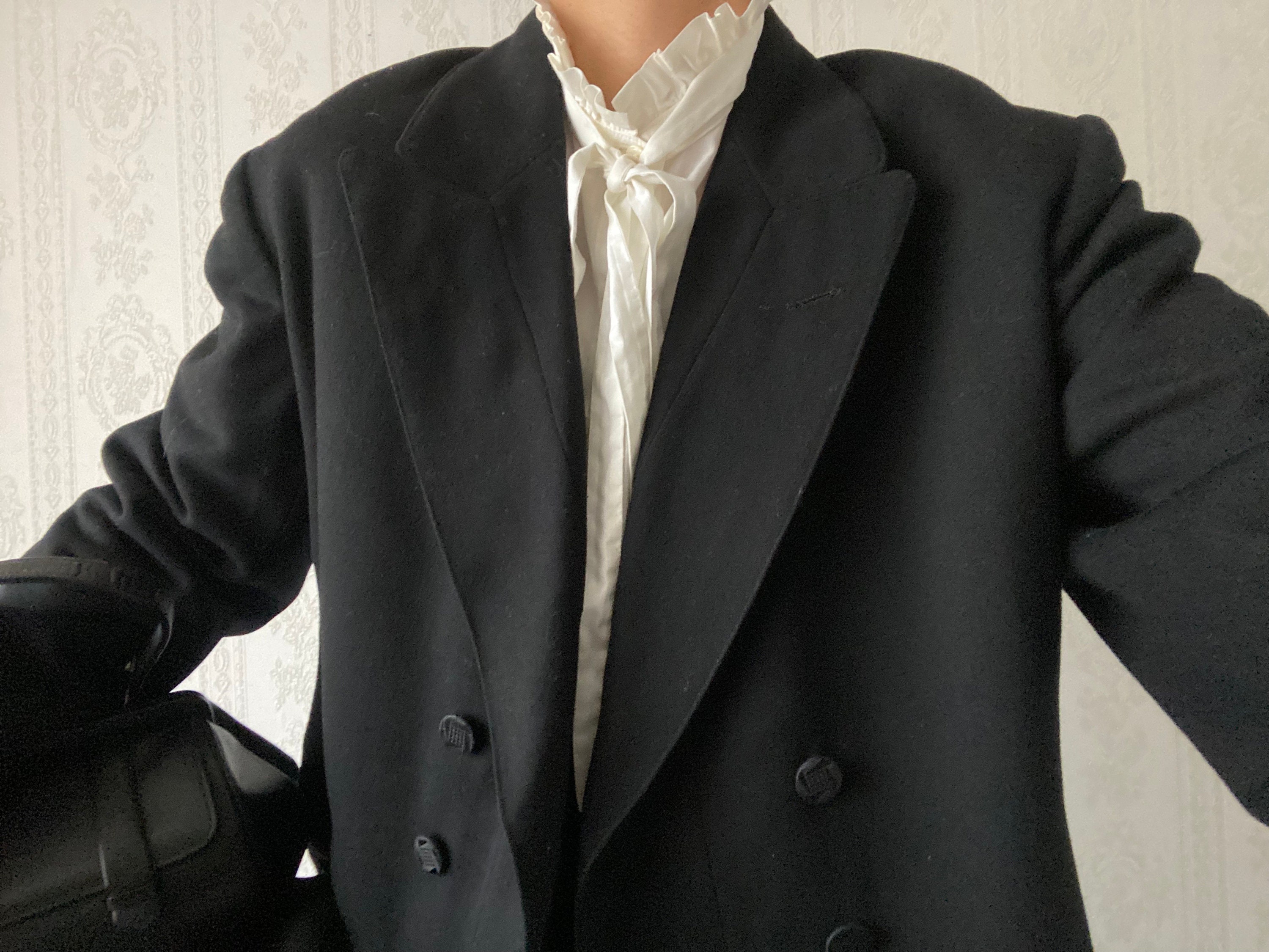 Vintage Black Wool Double Breasted Midi Coat/ Jacket/ M - L Vintage Black Wool Double Breasted Midi Coat/ Jacket/ M - L