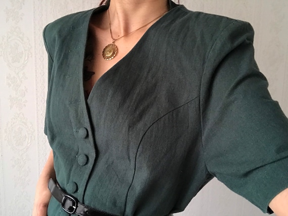 Vintage Forest Green Linen Cotton blend Short Slee