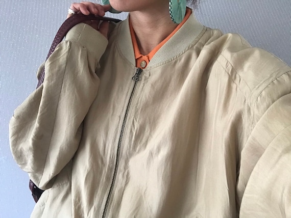 Vintage Unisex Khaki Beige Silk Bomber Jacket/ Top