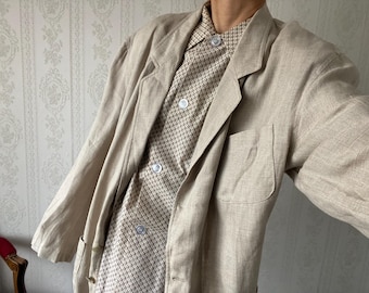Vintage Unisex Ecru pure Linen Blazer/ Jacket/ L - XL