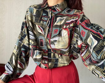Vintage crazy pattern Long Sleeve Blouse/ M