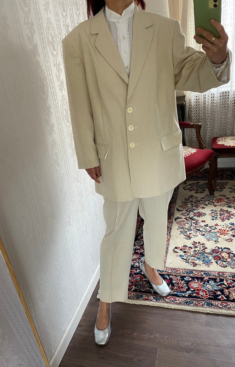 Vintage Beige Gingham High Waisted Pant Suit/ petite XXL image 4