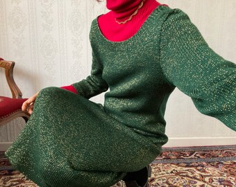 Vintage Green Gold midi Knit Dress/ M - L