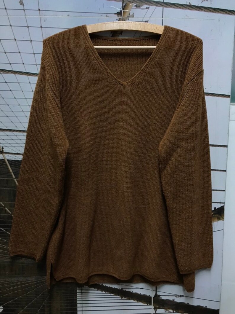 Vintage Chestnut Brown V-Neck Wool blend Knit Blouse Shirt Top Pullover Sweater Sweatshirt S L