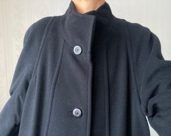 Vintage Black High Neck Wool Midi Coat/ XL