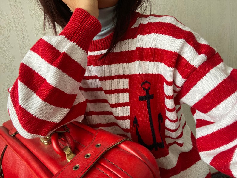 Vintage Red Striped Cotton Blend Knit Sweater / Jumper/ Pullover/ L XL ...