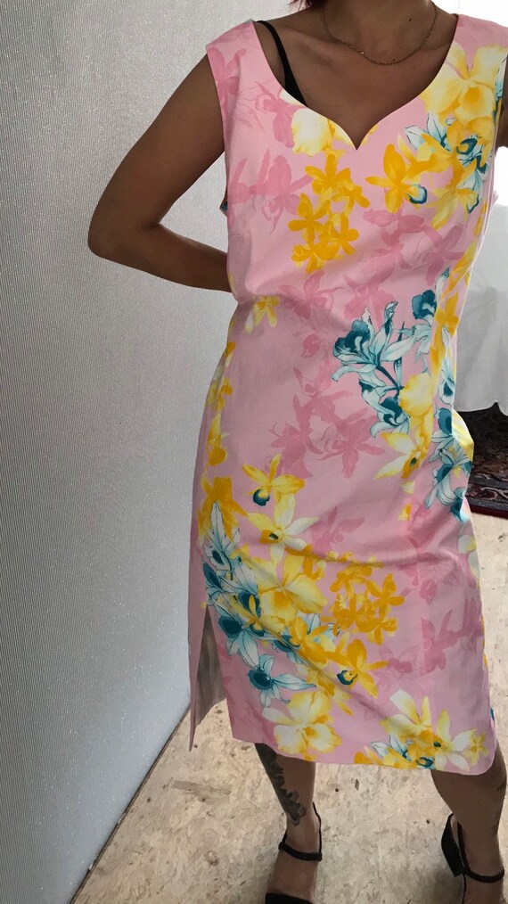Vintage Pink Floral Cotton sleeveless Dress/ L - p