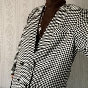Blazer/Giacca doppiopetto vintage a quadri V in misto lino, taglie L - XL