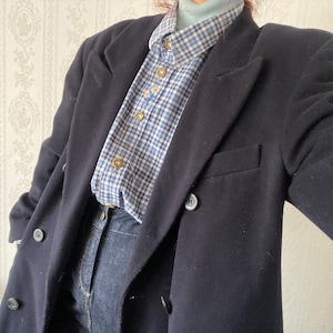 Vintage marineblauwe kasjmierwolmix double-breasted lange wollen jas/ M - L