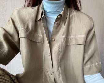 Vintage Silk short sleeve Blouse/ Shirt/ XL