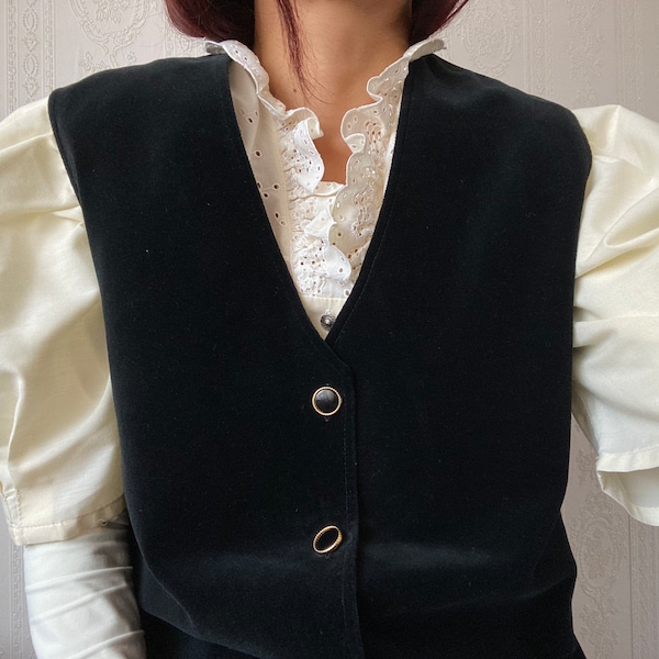 Vintage Black Cotton Velvet embroidered Vest/ Waistcoat/ S - M