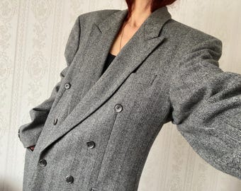 Vintage Unisex Grey Wool pin Striped double breasted Blazer/ Jacket/ M