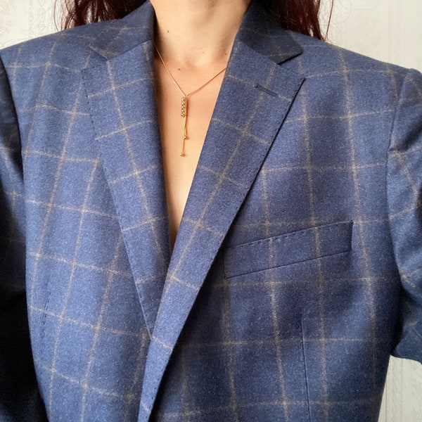 Unisex Blue Checkerboard Wool Blazer/ Jacket/ M - L