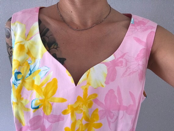 Vintage Pink Floral Cotton sleeveless Dress/ L - p