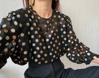 Vintage Black Shimmery Polka Dots Cocktail Blouse/ XL