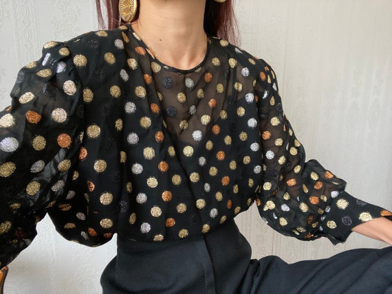 Vintage Black Shimmery Polka Dots Cocktail Blouse/ XL