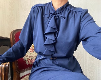 Vintage Blue jabot Long Sleeve Dress/ L