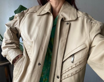 Vintage uniseks beige leren jas/S - L