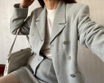 Vintage cold Grey Wool blend double breasted mini Skirt Suit/ S