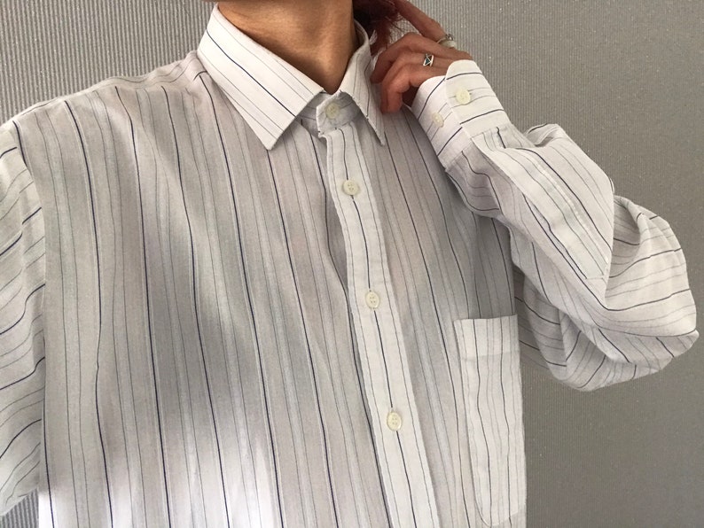 Vintage Unisex jacquard White Cotton Blue Striped Long Sleeve Shirt Top Blouse S L