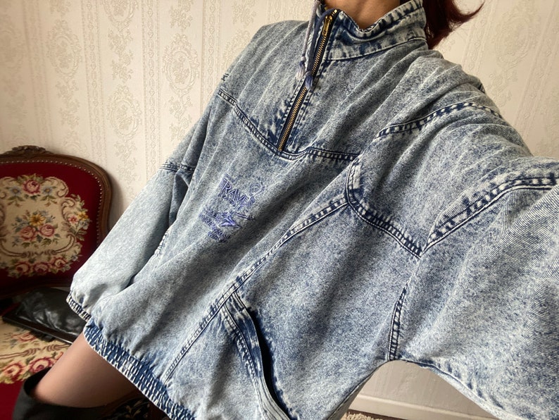 Vintage Unisex High Neck Acid Wash Oversized Denim Pullover / L 3XL Bild 2