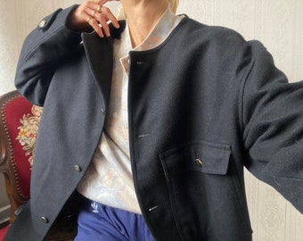 Vintage Unisex Black Fleece Wool Jacket/ M - XL