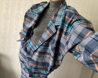 Spódnica garniturowa z dwurzędową spódnicą z mieszanki bawełny w kolorze niebieskim w kratkę w stylu vintage/M
