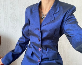 Vintage iridescent Blue Mini Skirt Suit/ M