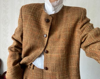 Vintage checkered Brown Wool blend Tweed Pencil Skirt Suit/ L
